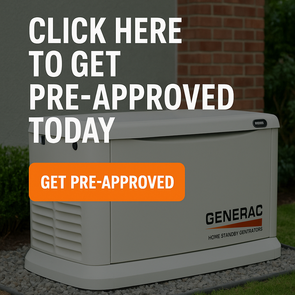 A Generac home standby generator outside a brick house, with promotional text offering pre-approval and an orange "Get Pre-Approved" button.